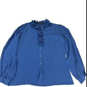 Rare‎ Vintage David Matthew Royal Blue Ruffle Pearl Blouse - Size M/L